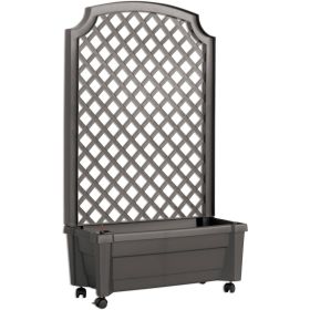 Outdoor Self-Watering Garden Planter with Trellis and Wheels in Grey Plastic