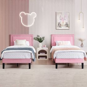 Set of 2 - Twin size Pink Upholstered Platform Bed with Nailhead Trim Headboard