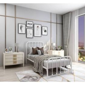 Twin White Metal Bed Frame with Slatted Rounded Corners Headboard and Footboard