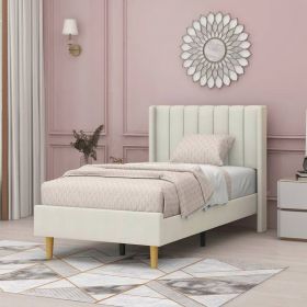 Twin size Mid-Century Platform Bed Frame with Cream Velvet Upholstered Headboard