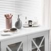 White Bathroom Towel Linen Cabinet with Glass Doors and Storage Shelves