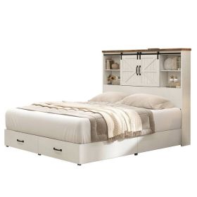Queen White Farmhouse Platform Bed with Bookcase Headboard and Storage Drawers