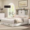 King - White Sliding Barn Door Bookcase Wooden Platform Bed Storage Drawers