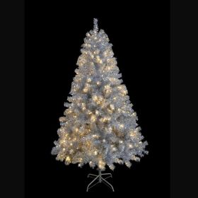 6FT Sliver Pre-Lit Artificial Christmas Tree, Hinged Full Tree With Metal Stand, 800 Branch Tips, 300 LED Lights,11 Lighting Modes, Holiday Decoration