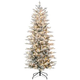 HOMCOM 6ft Tall Prelit Artificial Christmas Tree Holiday Decor With 636 Snow Flocked Branches, 250 Warm Yellow Clear Lights, Auto Open, Extra Bulb