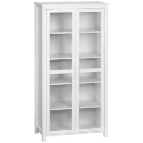 63" Kitchen Pantry Cabinet, Freestanding Storage Cabinet, Display Cabinet with 2 Glass Door and 2 Adjustable Shelves for Dining Room, White