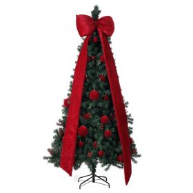 7.5 FT Artificial Christmas Tree With DIY 300 Warm White LED Lights, Hinged Xmas Pine Tree With Giant Bowknot And Red Ball Ornaments For Holiday Party