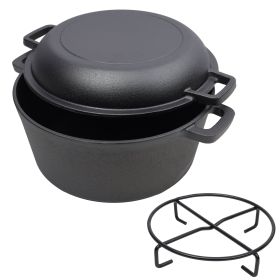 2 In 1 Pre-Seasoned Cast Iron Dutch Oven With Dual Handles, Outdoor Camping Deep Pot For Camping Fireplace Cooking BBQ Baking Campfire, 5 Quart.With 1
