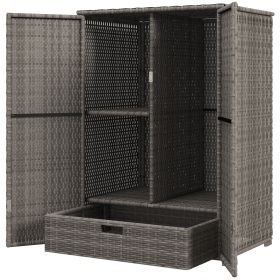 Outdoor Storage Cabinet with Shelves, Rattan Pool Towel Storage Cabinet with Removable Shelf & Drawer, Dark Gray
