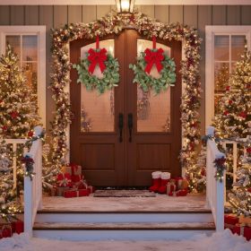 2PCS Set 14.2in Eucalyptus Christmas Wreath Candle Rings Natural Green Artificial Plants Garland Home Door Holiday Wall Decor