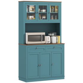 71" Kitchen Pantry Cabinet with Microwave Stand, Kitchen Hutch with 2 Drawers and Adjustable Shelves, Green