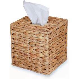 Water Hyacinth Handwoven Tissue Box Cover, Natural Wicker Facial Napkin Holder, Rustic Boho Decor