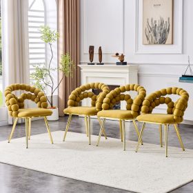 Set Of 4 Yellow Puffy Bubble Chair Ball Chain Chair Velvet Dining Chairs With Gold Legs, Modern Upholstered Accent Chairs For Dining Room & Kitchen