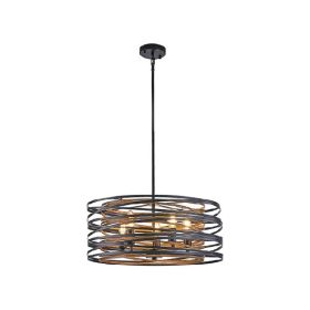 20  Rustic Industrial Pendant Light, 5-Light Black And Walnut Metal Cage Chandelier With Wood Accents For Kitchen Island And Dining Room  No Bulbs