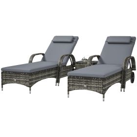 Patio Wicker Chaise Lounge Chair Set Of 2 With Table, Adjustable Backrest, Wheels, Cushion & Headrest, Gray