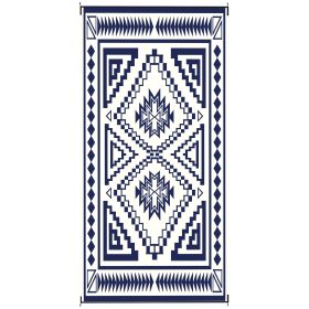 Reversible Outdoor Rug, Waterproof Plastic Straw with Carry Bag, 9' x 18', Blue & White Square Patchwork