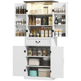 71" LED Kitchen Pantry Cabinet, Farmhouse Storage Cabinet with Door Shelves, Distressed White