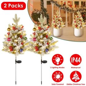 2Pcs Solar Powered Lighted Christmas Tree Urn Filler With Light Artificial Xmas Trees Light With Berries Decor Balls LED Pathway Pine Tree IP44 Waterp