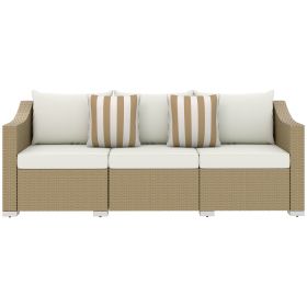Outsunny Rattan Wicker 3 Seater Patio Couch with Cushions, 2 Throw Pillows, Outdoor Furniture Rattan Sofa, Cream White