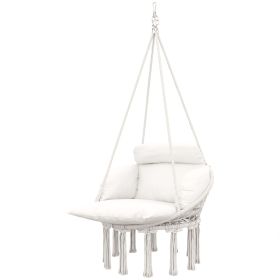 Outsunny Hammock Swing Chair, Macrame Hanging Chair with Large Cushion, Chain, Steel Frame for Indoor Outdoor Use, Cream White