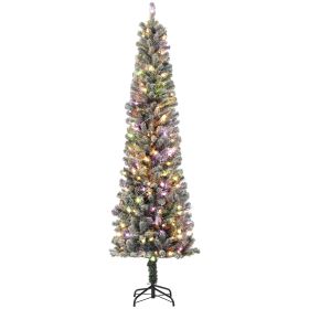 HOMCOM 7.5 ft Pencil Christmas Tree, Pre-Lit Flocked Xmas Tree with Dual Color LED Lights, 519 Tips and Metal Stand, Green