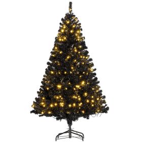 HOMCOM 6 FT Flocked Christmas Tree, Pre Lit Artificial Tree w/ Realistic Branches, LED Lights & 1000 Tips, Holiday Decor Indoors, Black