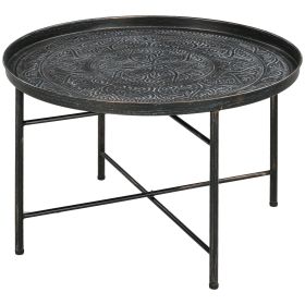 Cafe Table for Living Room, 24" Round Center Table with Hammered Tray Top and Metal Frame for Bedroom, Pewter