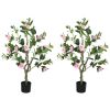 HOMCOM Set of 2 Decorative Artificial Plants, Camellia Flowers in Pots, Fakes Plant for Home Indoor Decor, 39 inch, Pink