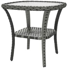 Outsunny Outdoor Coffee Table, Hand-Woven Wicker, Water-Ripple Glass Top, Mix Gray, with Storage Shelf