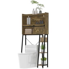 HOMCOM Over the Toilet Storage Cabinet, Over Toilet Bathroom Organizer with 3 Compartments, 4 Open Shelves, Rustic Brown