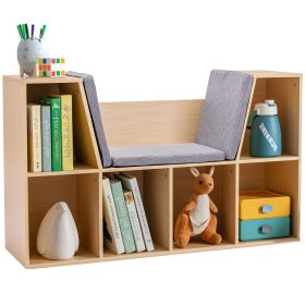 Kids 6-Cube Bookcase Organizer with Reading Nook, Natural Bedroom Storage with Seat Cushion, Playroom Shelf, 40.5x12x23.5