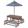 Qaba Outdoor Wooden Kids Picnic Table & Bench Set with Cushions and Umbrella, for Patio, Garden, Navy Blue