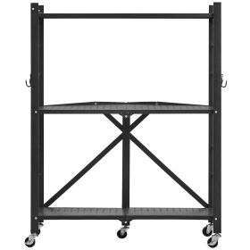 3-Tier Foldable Storage Shelf, 28W x 13D x 36H Inch Folding Metal Rack Shelving Unit, No Assembly Organizer Shelf with 5 Wheels & 4 Hooks for Pantry