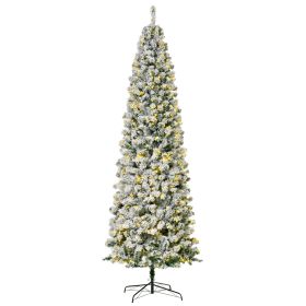 HOMCOM 9ft Flocked Christmas Tree, Pre Lit Xmas Tree with 550 LED Lights, 988 Branches & Detachable Base, Christmas Decoration, Green/White