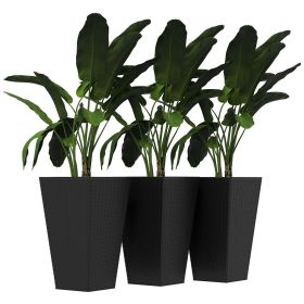 Outsunny Rattan-Style Plastic Planters with Drainage Holes, Set of 3 - 24 Inch Height, Black