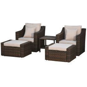 Outsunny 5-Piece PE Rattan Outdoor Patio Armchair Set with 2 Chairs, 2 Ottomans, Coffee Table Conversation Set & Durable Build, Beige