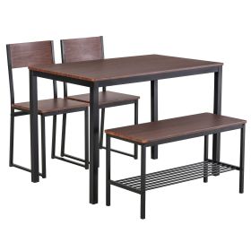 HOMCOM 4-Piece Dining Set Industrial Wooden Table Chairs Bench Storage Rack Rustic Brown Black