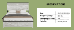 King size bed with wooden headboard and hidden storage space, no need for box springs,Antique White+Gray
