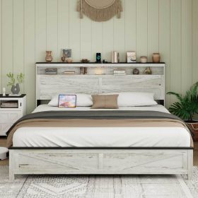King size bed with wooden headboard and hidden storage space, no need for box springs,Antique White+Gray