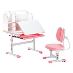 Kids Study Chair and Desk with Bookshelf & Drawer Height Adjustable Pink