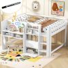 Full Size Low Loft Bed with Built-in Desk, Storage Cabinets and Open Bookcase, Whiteboard for Graffiti, White