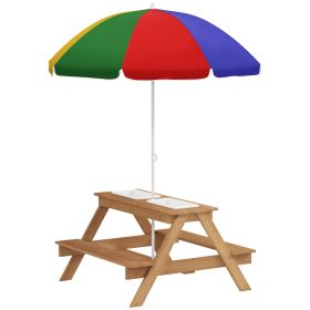 Qaba Wooden Outdoor Kids Picnic Table with Removable Umbrella, Children Sand and Water Activity Table for Patio, Mixed Color