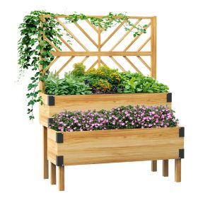 Outsunny 2 Tier Raised Garden Bed with Trellis, Wooden Elevated Planter Box with Legs and Metal Corners, for Vegetables, Flowers, Herbs, Natural