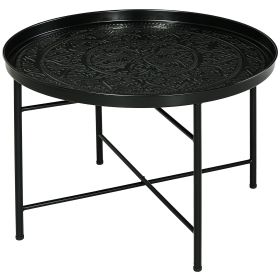 Cafe Table for Living Room, 24" Round Center Table with Hammered Tray Top and Metal Frame for Bedroom, Black