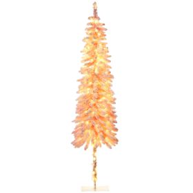 HOMCOM 7ft LED Pre-Lit Slim Pencil Christmas Tree Pink Snow Flocked with Downswept Branches