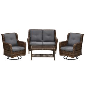 Outsunny 4 Piece Rattan Couch, with 2 Swivel Rocking Chairs, 2-Tier Glass Table and Sofa, All-Weather PE Set for Garden, Patio, Gray
