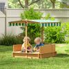 Outsunny Covered Wooden Sandbox with Adjustable Canopy, Convertible Bench Seat, and Backrests, Bottom Liner, Natural Green