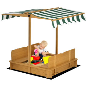 Outsunny Covered Wooden Sandbox with Adjustable Canopy, Convertible Bench Seat, and Backrests, Bottom Liner, Natural Green