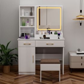 32'' Wide Makeup Vanity Desk with Lighted Mirror and Power Outlet, Dressing Table with Large Storage Space and Cushioned Stool for Bedroom & Studio
