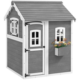 Outsunny Kids' Wooden Playhouse, Outdoor with Floors, Doors, Windows, Planter Box for Ages 3-8, Backyard or Garden